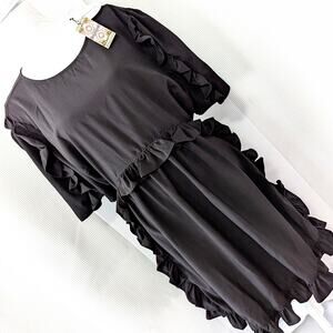 NWT! BOO HOO! EXTREME RUFFLE BLACK MIDI LENGTH SMOCK STYLE DRESS! SZ 14